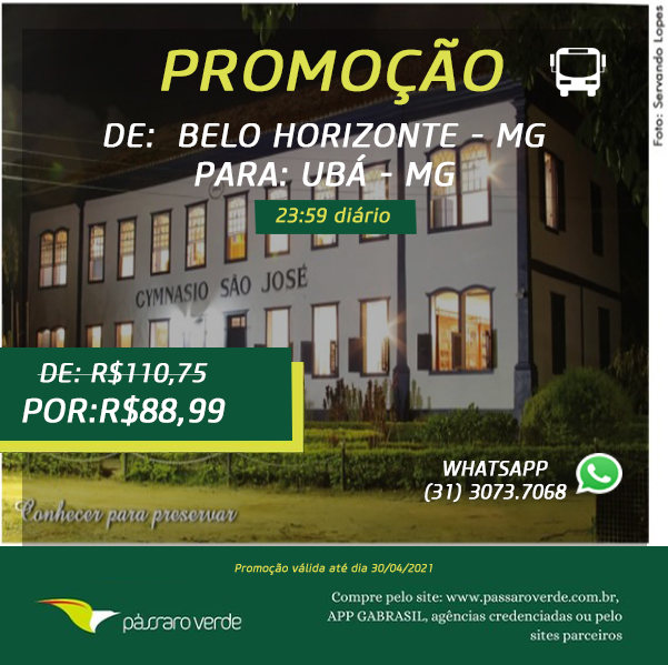 BELO HORIZONTE PAR UBÁ R$ 88,99